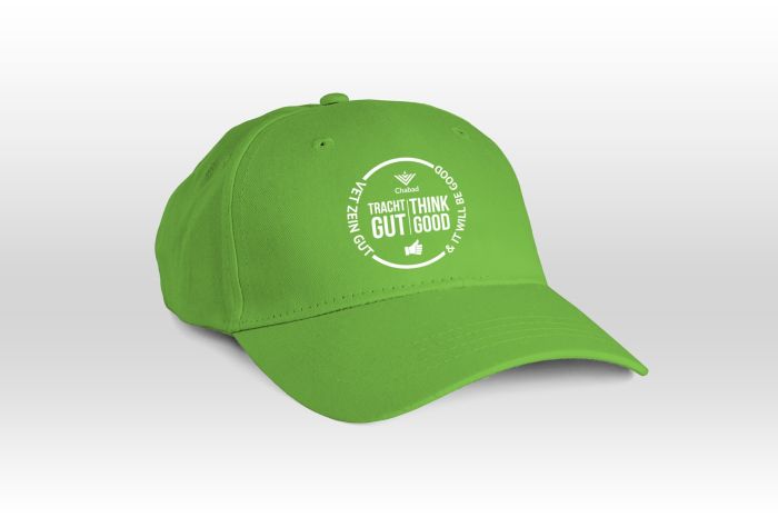 Green Baseball Cap embroidered with “Tracht Gut Vet Zein Gut – Think Good & It Will Be Good” inspirational message, 100% cotton adjustable Chabad hat