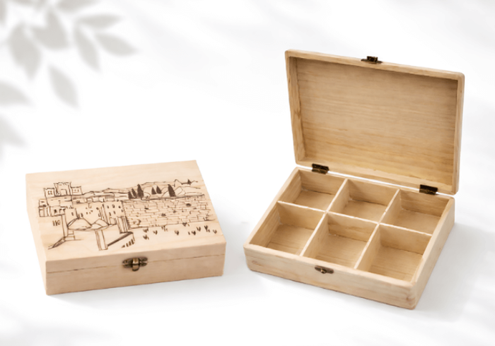Wooden Mishloach Manos Box with Jerusalem and Temple Design