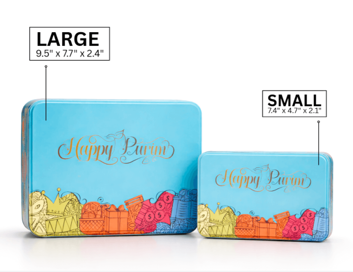 Happy Purim Shalach Manos Tin Container filled with treats, perfect for Purim gifting