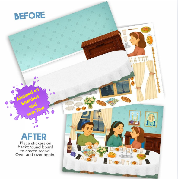 Jewish Shabbat sticker activity with Kiddush, challah, and candles