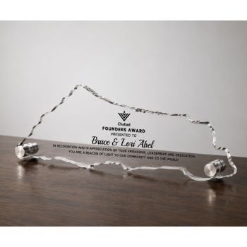 Custom Am Yisrael Chai acrylic plaque shaped like Eretz Yisroel with silver metal feet