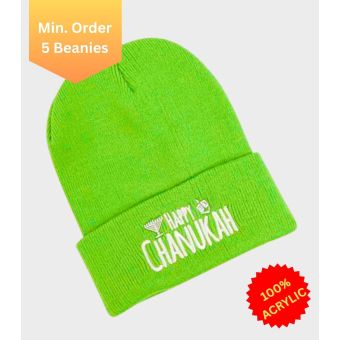 Neon Green Happy Chanukah Beanie - Regular Embroidery [Min. 5 Beanies]