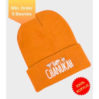 Neon Orange Happy Chanukah Beanie - Regular Embroidery [Min. 5 Beanies]