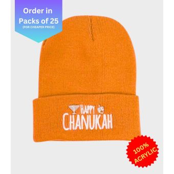 Neon Orange Happy Chanukah Beanie - Regular Embroidery [Order in Pack of 25]