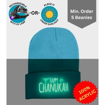 Neon Blue Happy Chanukah Beanie - Glow-in-Dark Embroidery [Min. 5 Beanies]