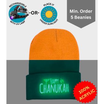Neon Orange Happy Chanukah Beanie - Glow-in-Dark Embroidery [Min. 5 Beanies]
