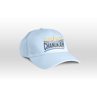 Happy Chanukah Glow-in-the-Dark Baseball Cap Light Blue with Embroidered Menorah Design