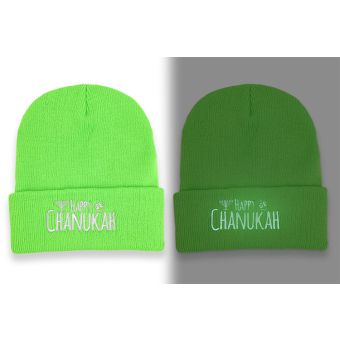 GLOW EMBROIDERY Chanukah Neon Green Beanies